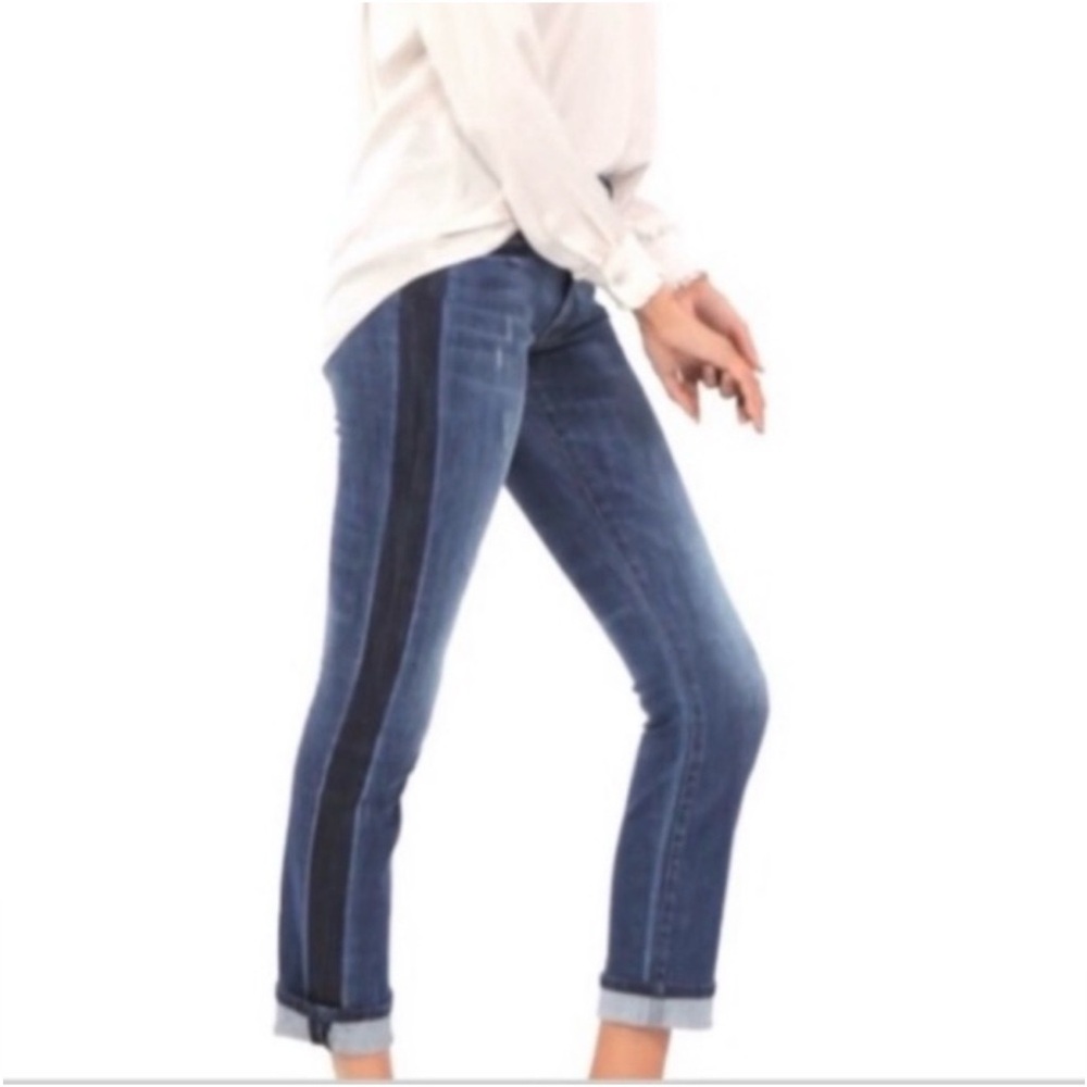 CAbi High Straight Tuxedo Stripe Jeans High-Rise Distressed Denim #3750. Sz 8